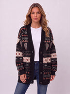 Ribshara Longline Knit Cardigan – Fair Isle Oversized Women Chunky Button Front Fall Autumn Cardigan