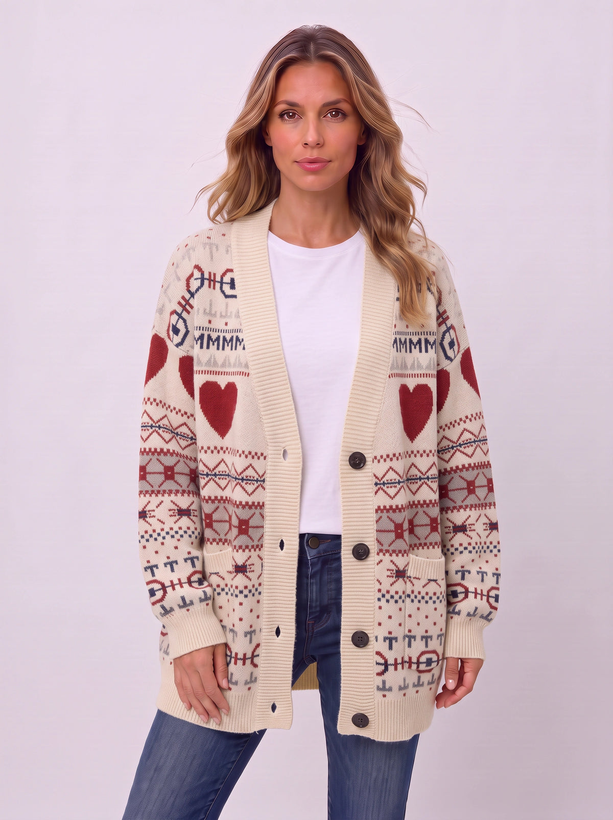 Ribshara Longline Knit Cardigan – Fair Isle Oversized Women Chunky Button Front Fall Autumn Cardigan