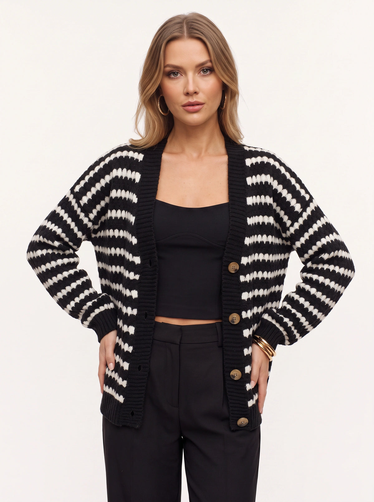 Ribbesta Striped Chunky Knit Cardigan – Striped Oversized Button-Front Women Casual Longline Cardigan