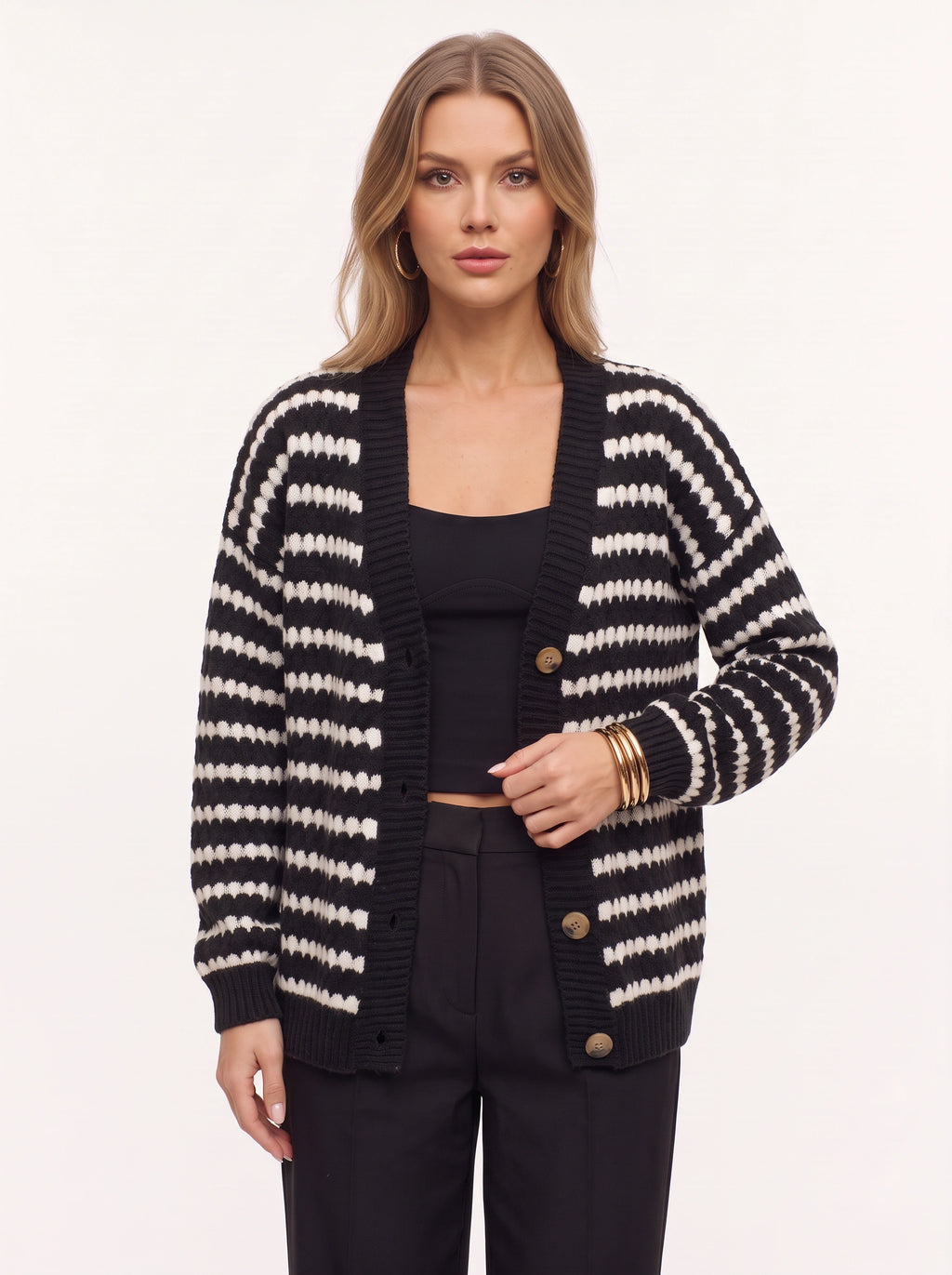 Ribbesta Striped Chunky Knit Cardigan – Striped Oversized Button-Front Women Casual Longline Cardigan