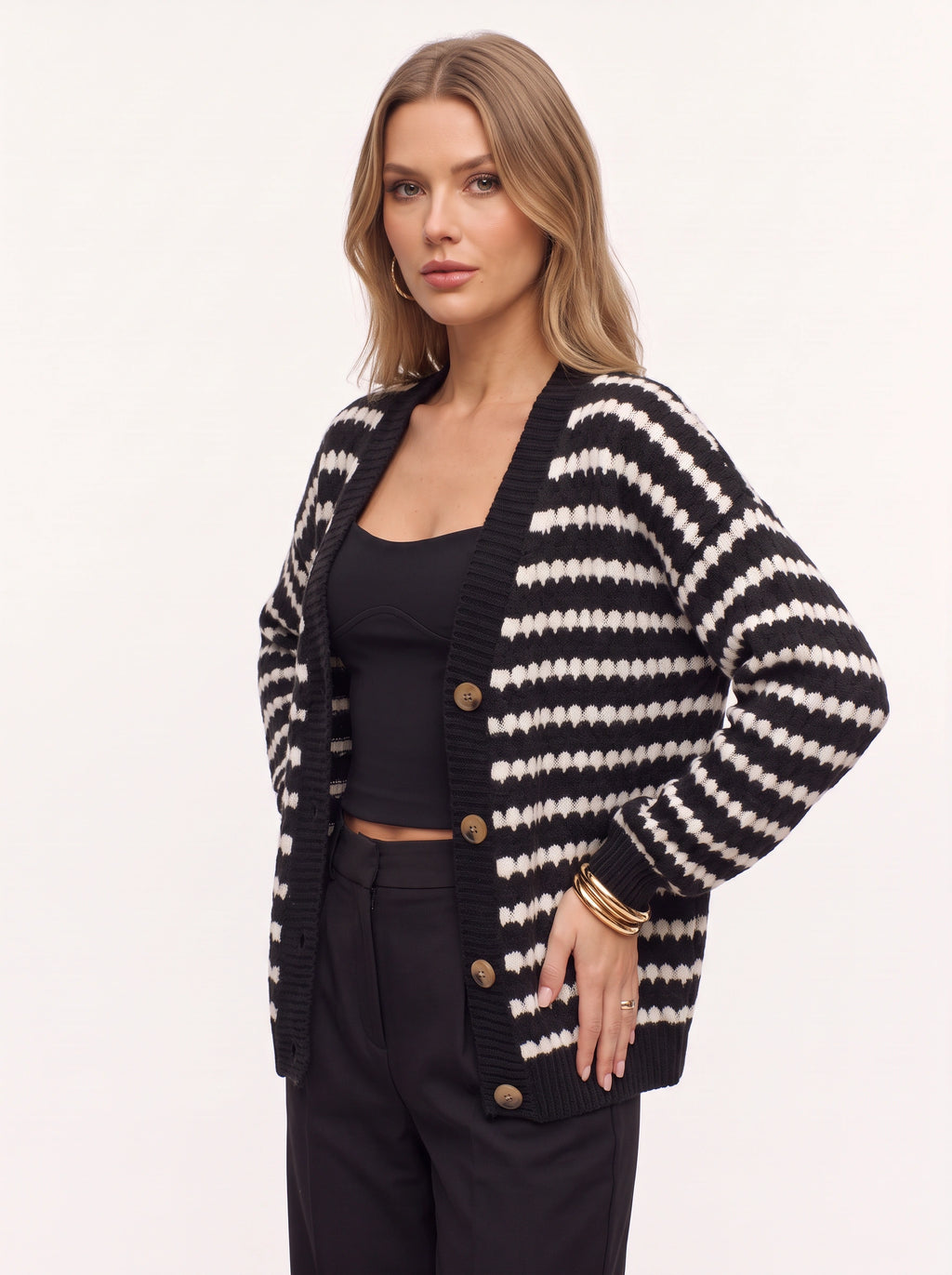 Ribbesta Striped Chunky Knit Cardigan – Striped Oversized Button-Front Women Casual Longline Cardigan