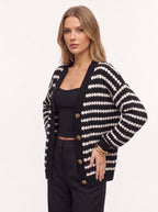 Ribbesta Striped Chunky Knit Cardigan – Striped Oversized Button-Front Women Casual Longline Cardigan