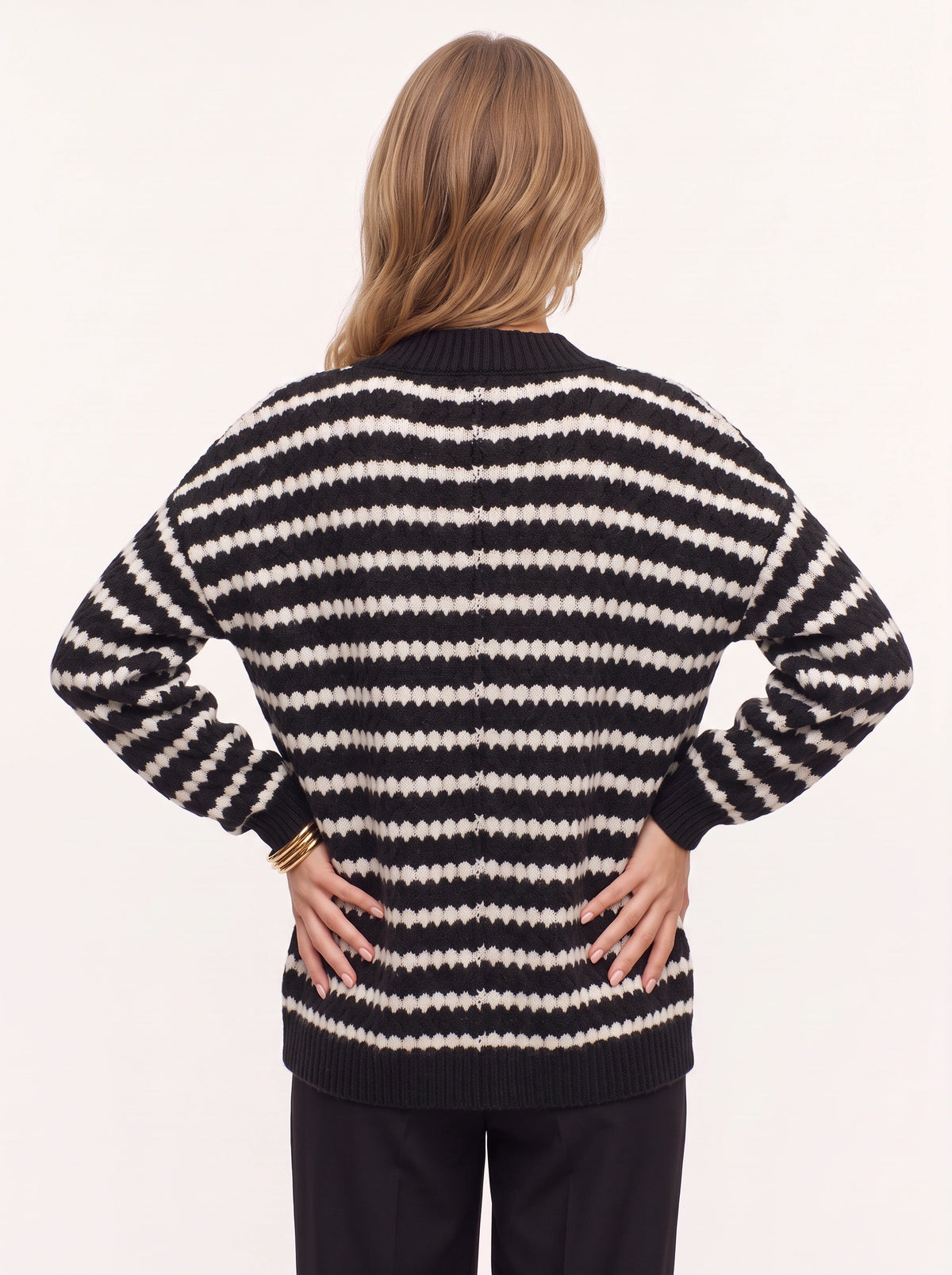 Ribbesta Striped Chunky Knit Cardigan – Striped Oversized Button-Front Women Casual Longline Cardigan