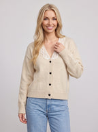 Scalienne Lace-Trim Knit Cardigan – Button-Front Women Casual Autumn Knitwear Ribbed Cardigan