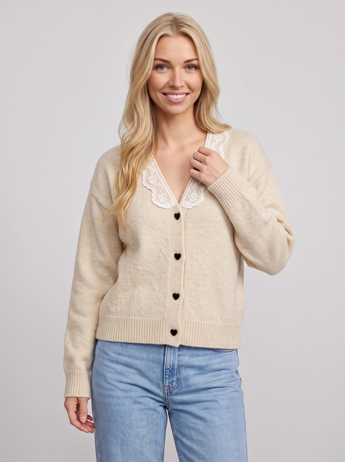 Scalienne Lace-Trim Knit Cardigan – Button-Front Women Casual Autumn Knitwear Ribbed Cardigan