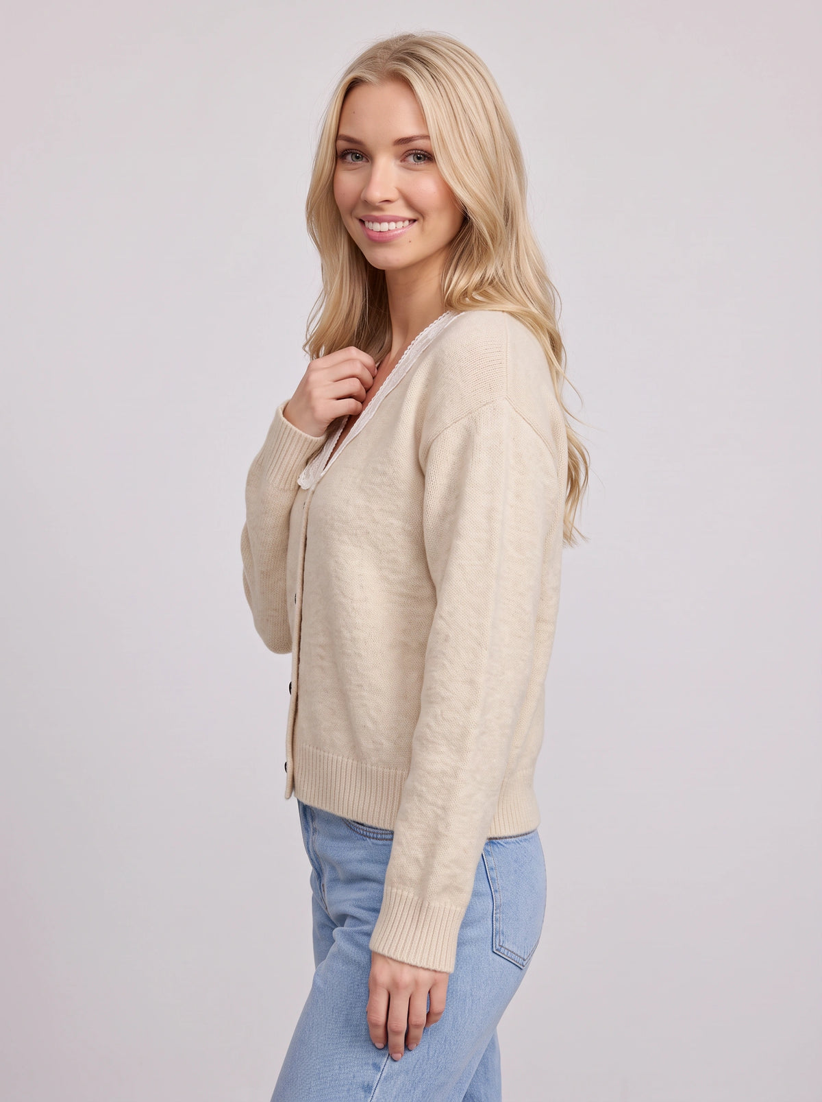 Scalienne Lace-Trim Knit Cardigan – Button-Front Women Casual Autumn Knitwear Ribbed Cardigan