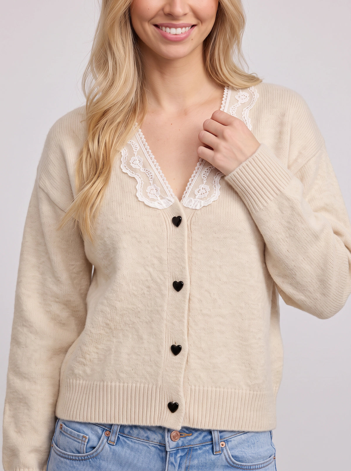Scalienne Lace-Trim Knit Cardigan – Button-Front Women Casual Autumn Knitwear Ribbed Cardigan