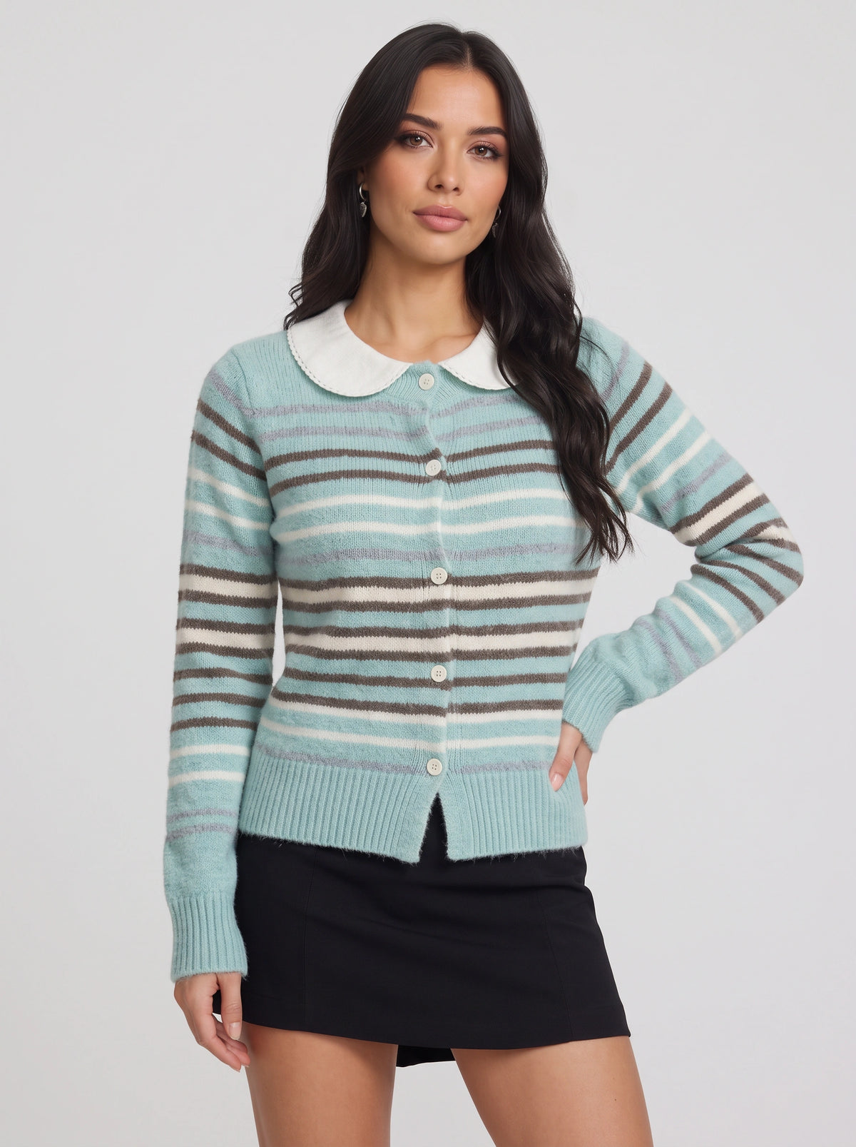 Lacette Lace-Trim Knit Cardigan – Button-Front Ribbed Knitwear Women Fall Layering Stripe Cardigan