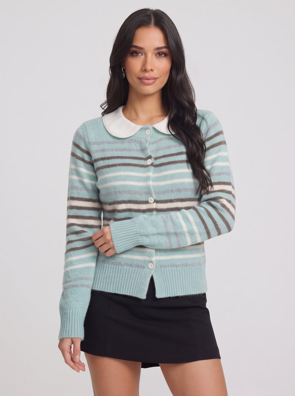 Lacette Lace-Trim Knit Cardigan – Button-Front Ribbed Knitwear Women Fall Layering Stripe Cardigan