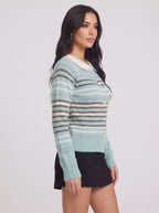 Lacette Lace-Trim Knit Cardigan – Button-Front Ribbed Knitwear Women Fall Layering Stripe Cardigan