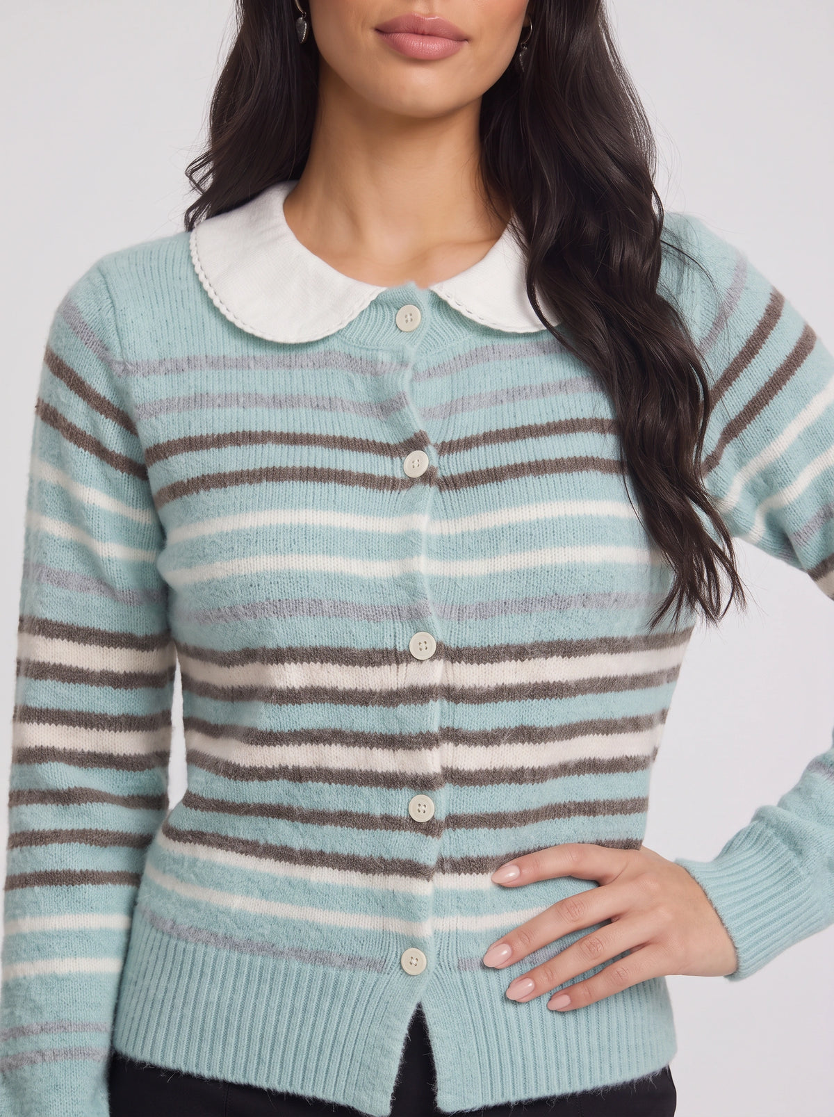 Lacette Lace-Trim Knit Cardigan – Button-Front Ribbed Knitwear Women Fall Layering Stripe Cardigan