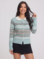 Lacette Lace-Trim Knit Cardigan – Button-Front Ribbed Knitwear Women Fall Layering Stripe Cardigan
