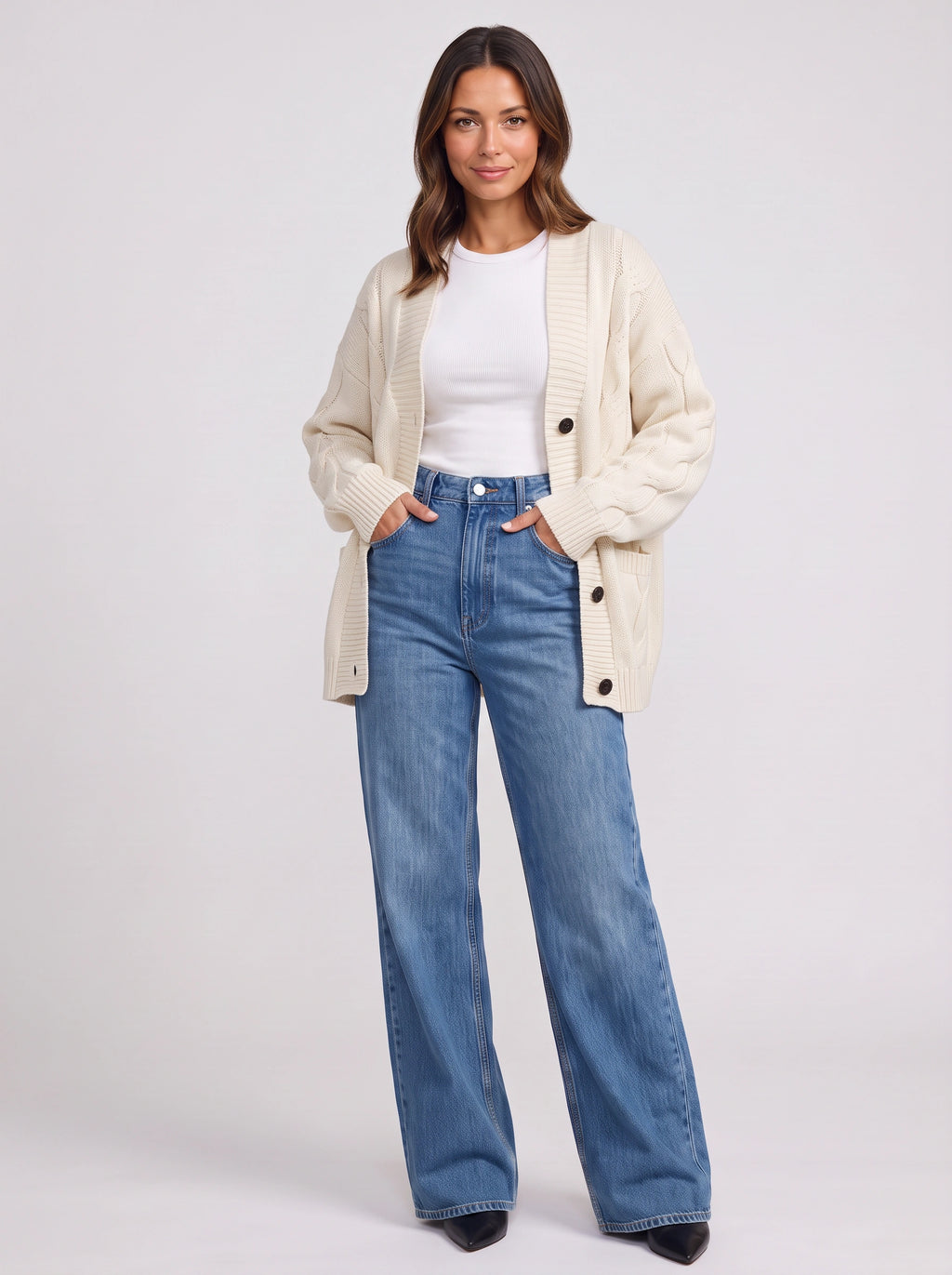Kabelrin Cable-Knit Longline Cardigan – Women Oversized Button Front Chunky Knit Cardigan
