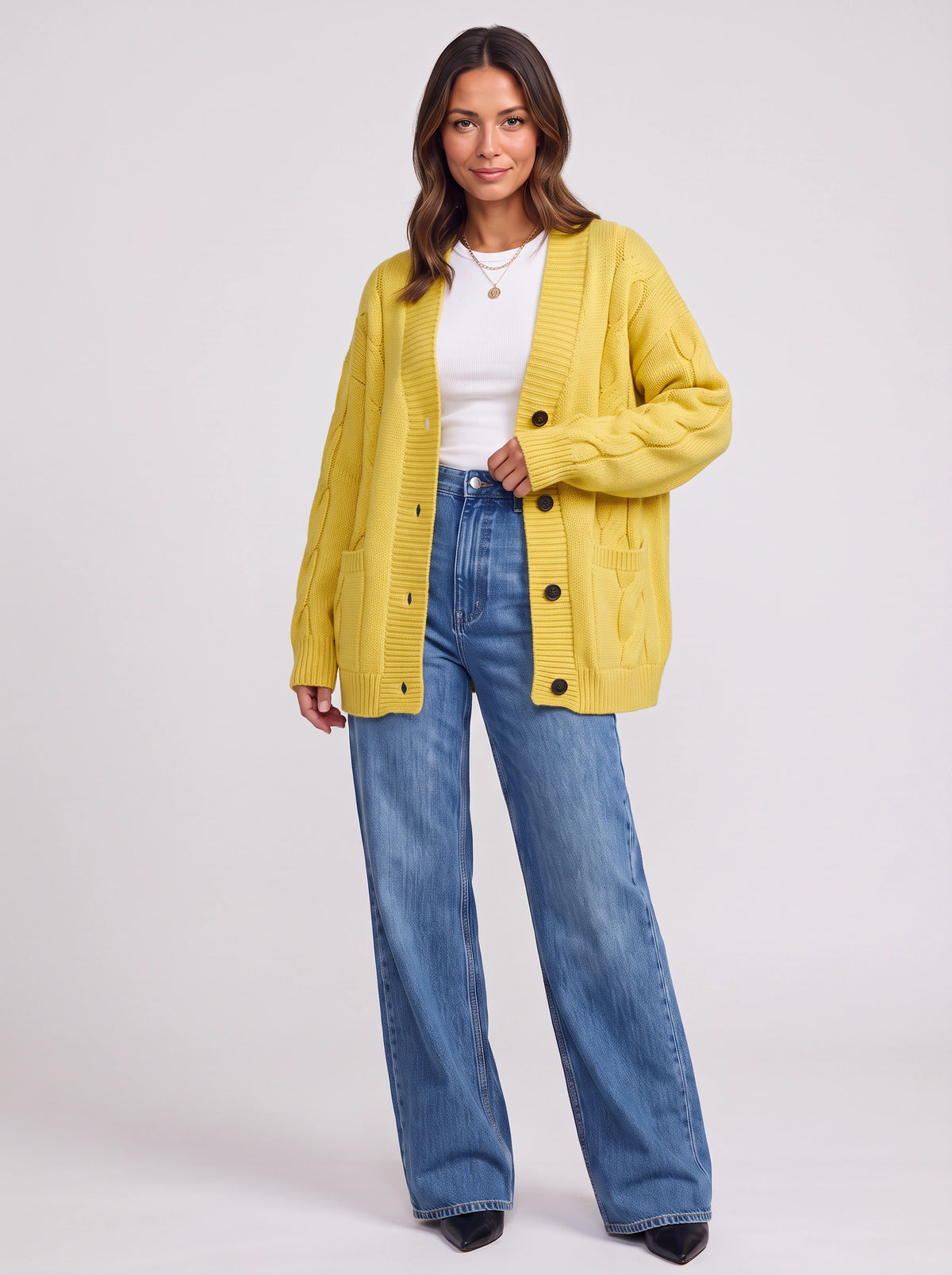 Kabelrin Cable-Knit Longline Cardigan – Women Oversized Button Front Chunky Knit Cardigan