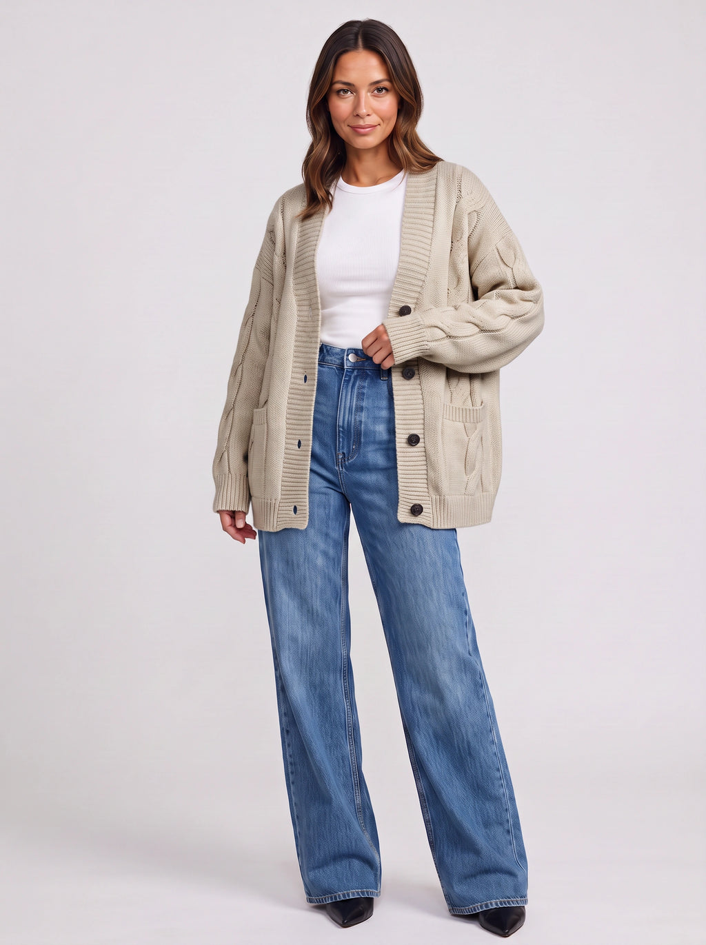 Kabelrin Cable-Knit Longline Cardigan – Women Oversized Button Front Chunky Knit Cardigan