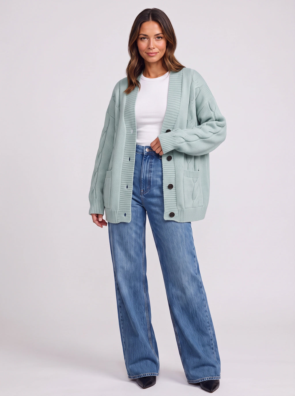 Kabelrin Cable-Knit Longline Cardigan – Women Oversized Button Front Chunky Knit Cardigan