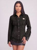 Frinelle Suede Fringe Western Shirt – Women Festival Country Boho Button-Up Long-Sleeve Fall Shirt