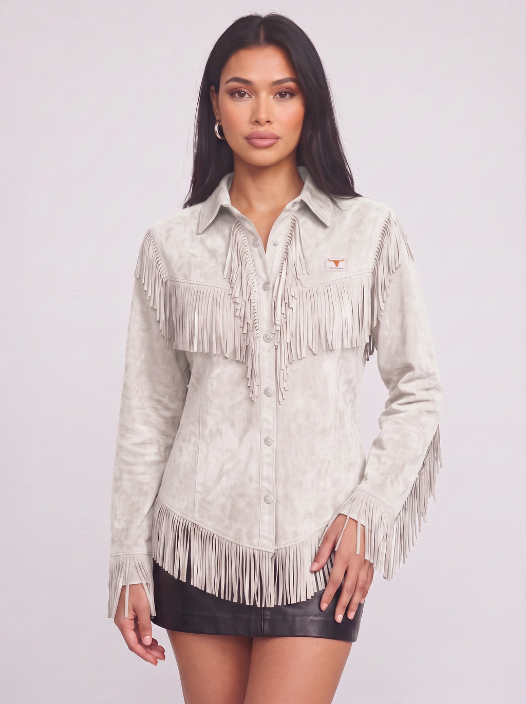 Frinelle Suede Fringe Western Shirt – Women Festival Country Boho Button-Up Long-Sleeve Fall Shirt