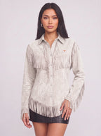 Frinelle Suede Fringe Western Shirt – Women Festival Country Boho Button-Up Long-Sleeve Fall Shirt