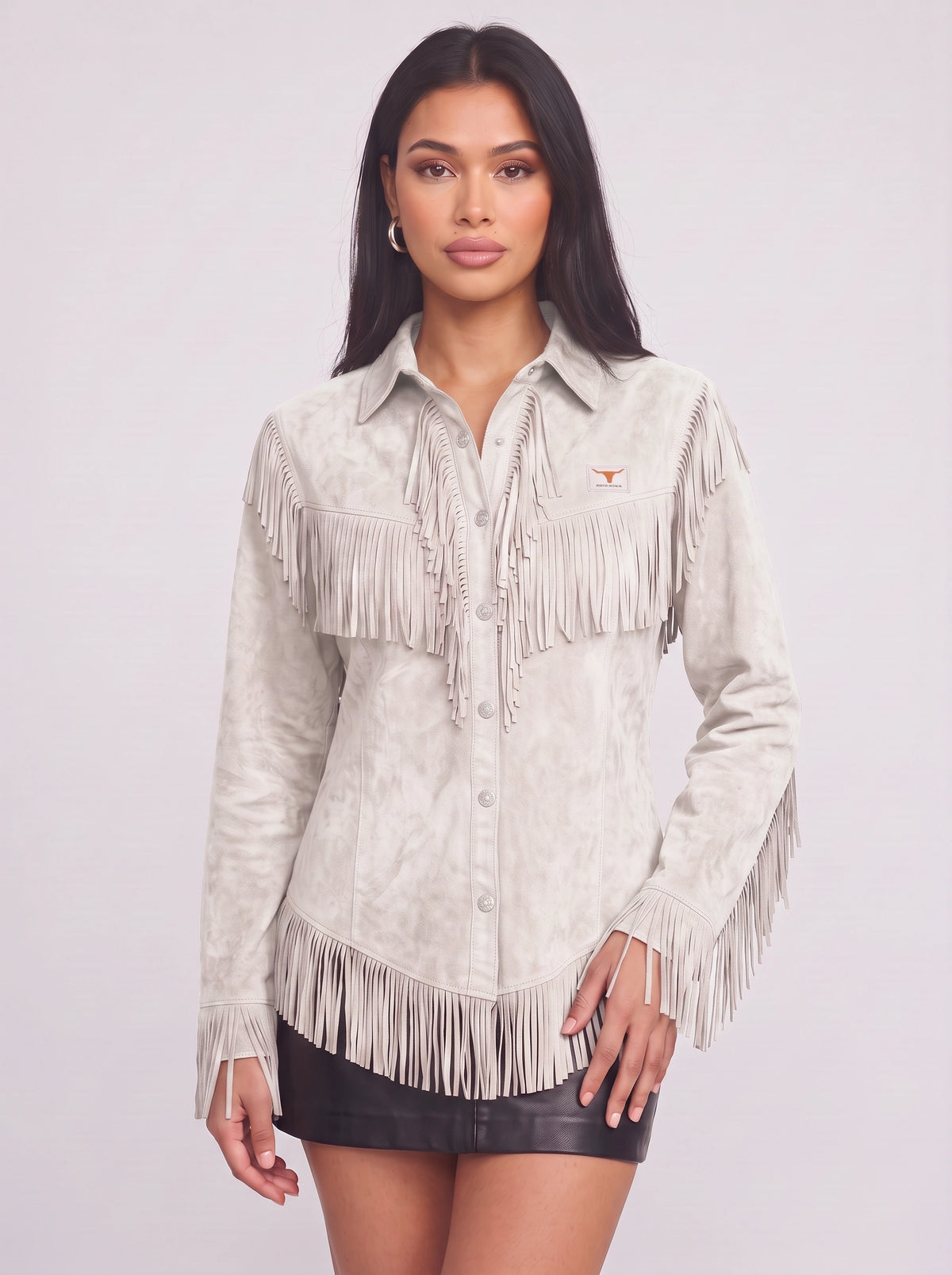 Frinelle Suede Fringe Western Shirt – Women Festival Country Boho Button-Up Long-Sleeve Fall Shirt
