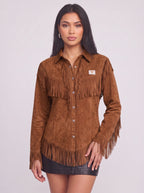 Frinelle Suede Fringe Western Shirt – Women Festival Country Boho Button-Up Long-Sleeve Fall Shirt