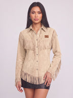 Frinelle Suede Fringe Western Shirt – Women Festival Country Boho Button-Up Long-Sleeve Fall Shirt