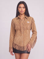Frinelle Suede Fringe Western Shirt – Women Festival Country Boho Button-Up Long-Sleeve Fall Shirt