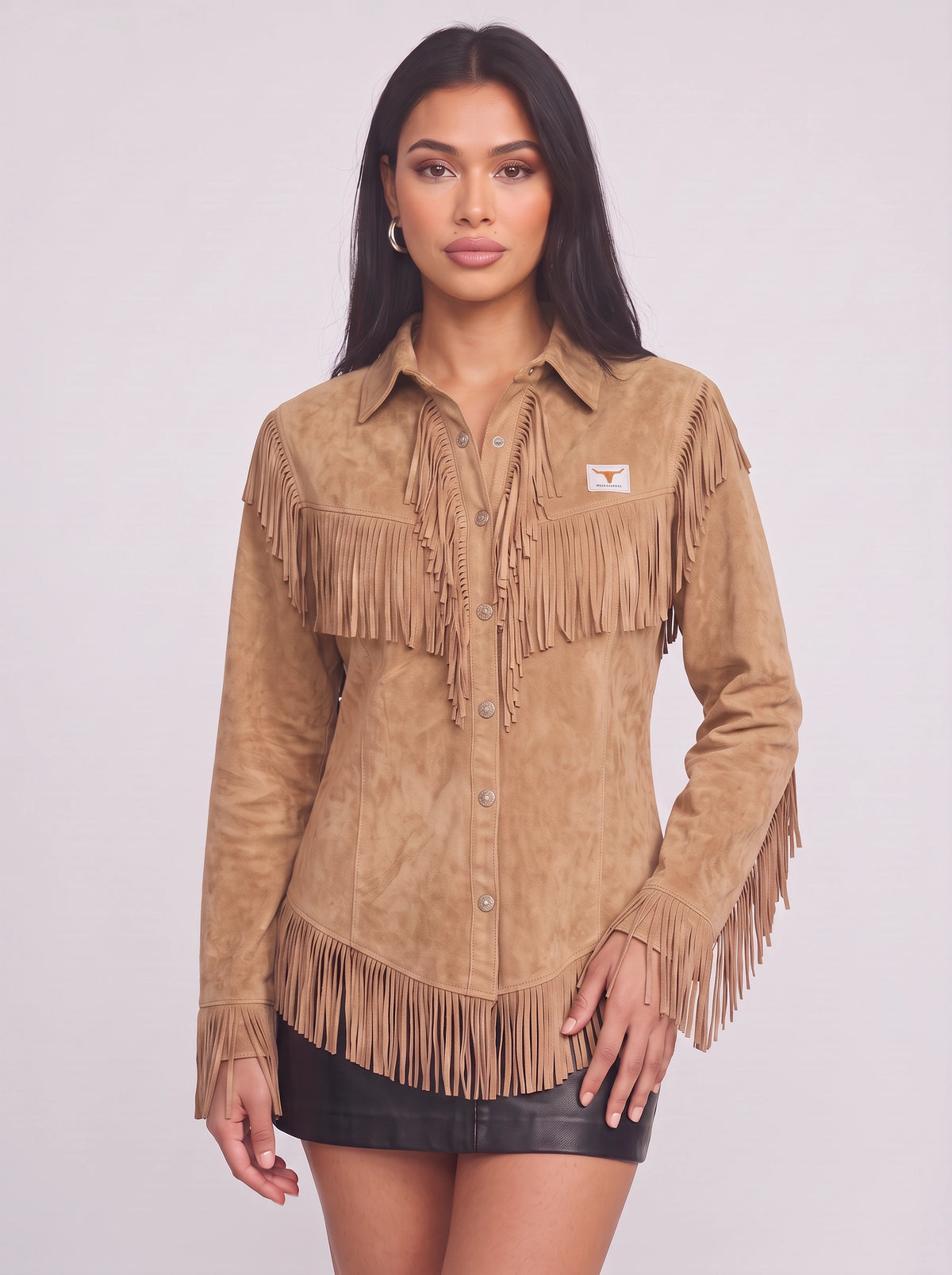 Frinelle Suede Fringe Western Shirt – Women Festival Country Boho Button-Up Long-Sleeve Fall Shirt