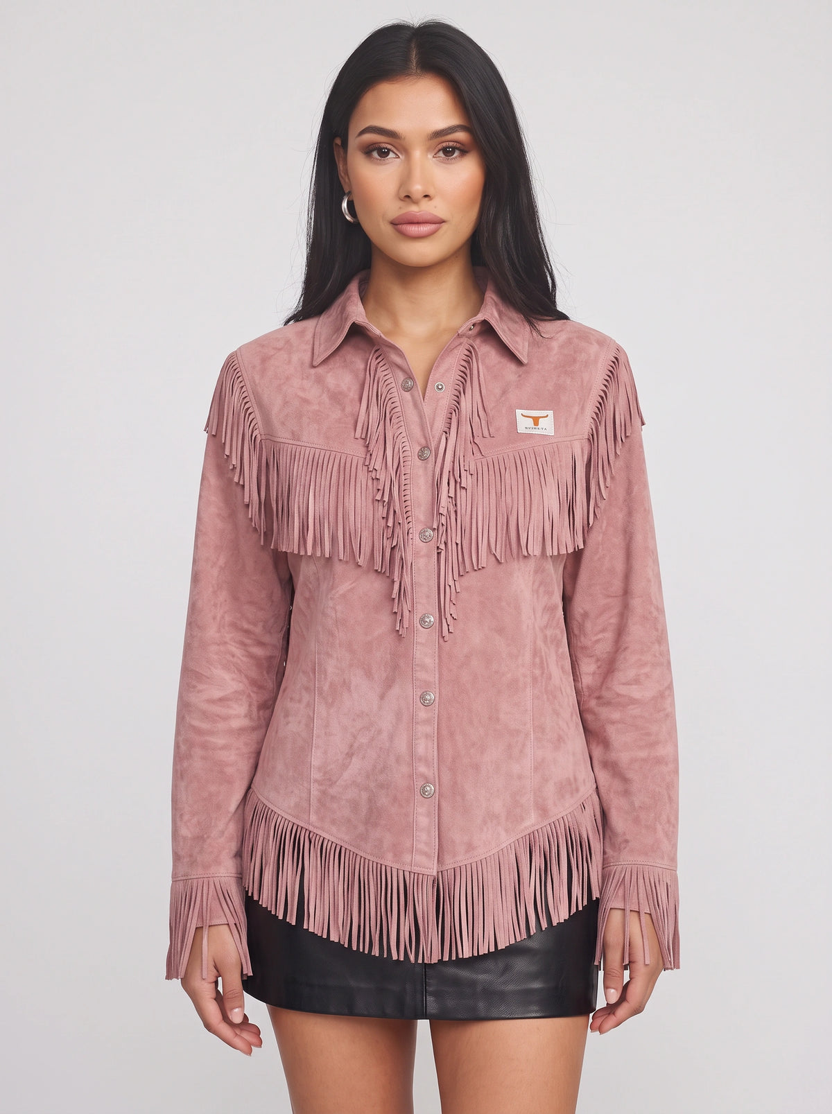 Frinelle Suede Fringe Western Shirt – Women Festival Country Boho Button-Up Long-Sleeve Fall Shirt