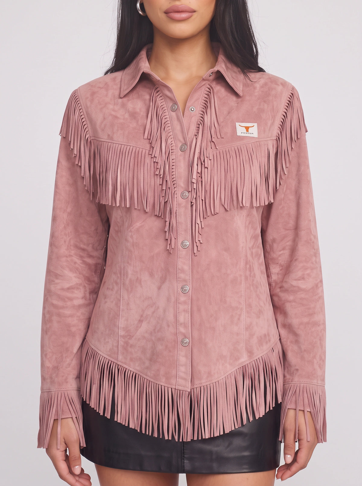 Frinelle Suede Fringe Western Shirt – Women Festival Country Boho Button-Up Long-Sleeve Fall Shirt
