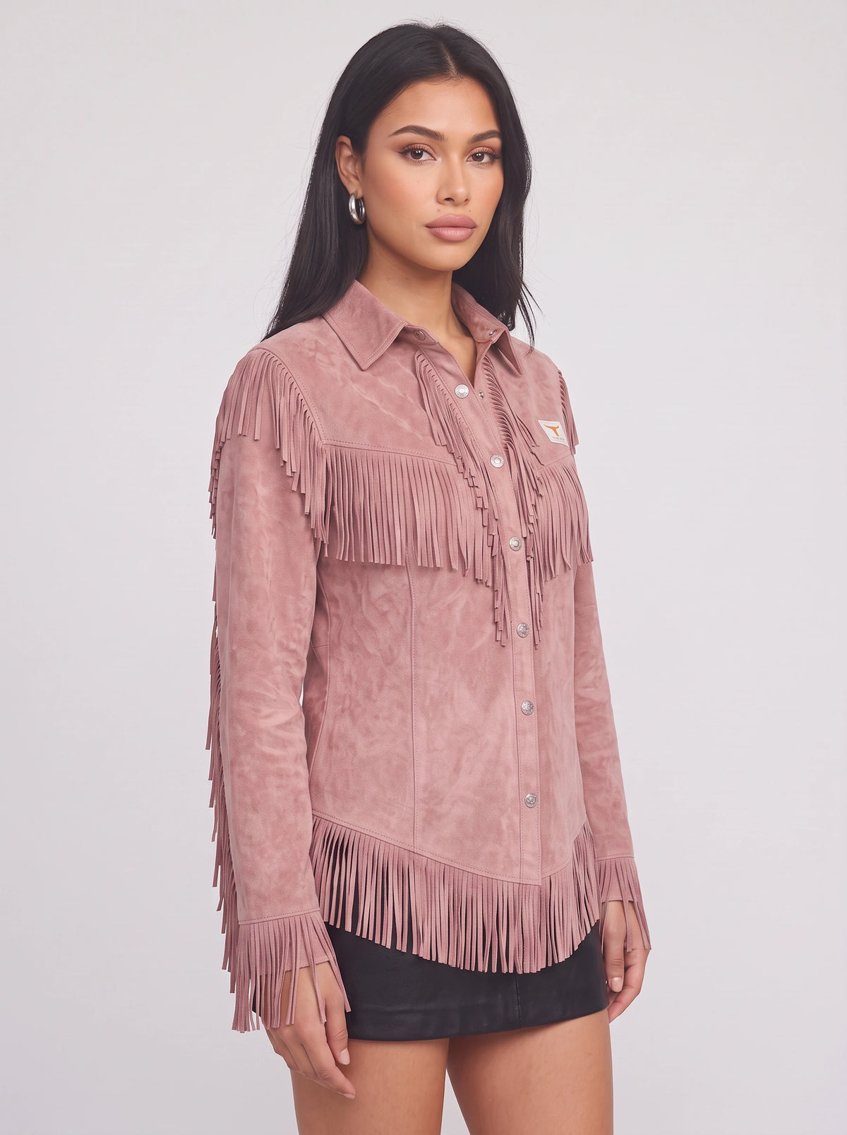 Frinelle Suede Fringe Western Shirt – Women Festival Country Boho Button-Up Long-Sleeve Fall Shirt