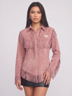 Frinelle Suede Fringe Western Shirt – Women Festival Country Boho Button-Up Long-Sleeve Fall Shirt