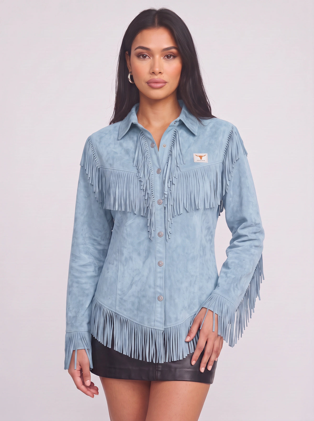Frinelle Suede Fringe Western Shirt – Women Festival Country Boho Button-Up Long-Sleeve Fall Shirt