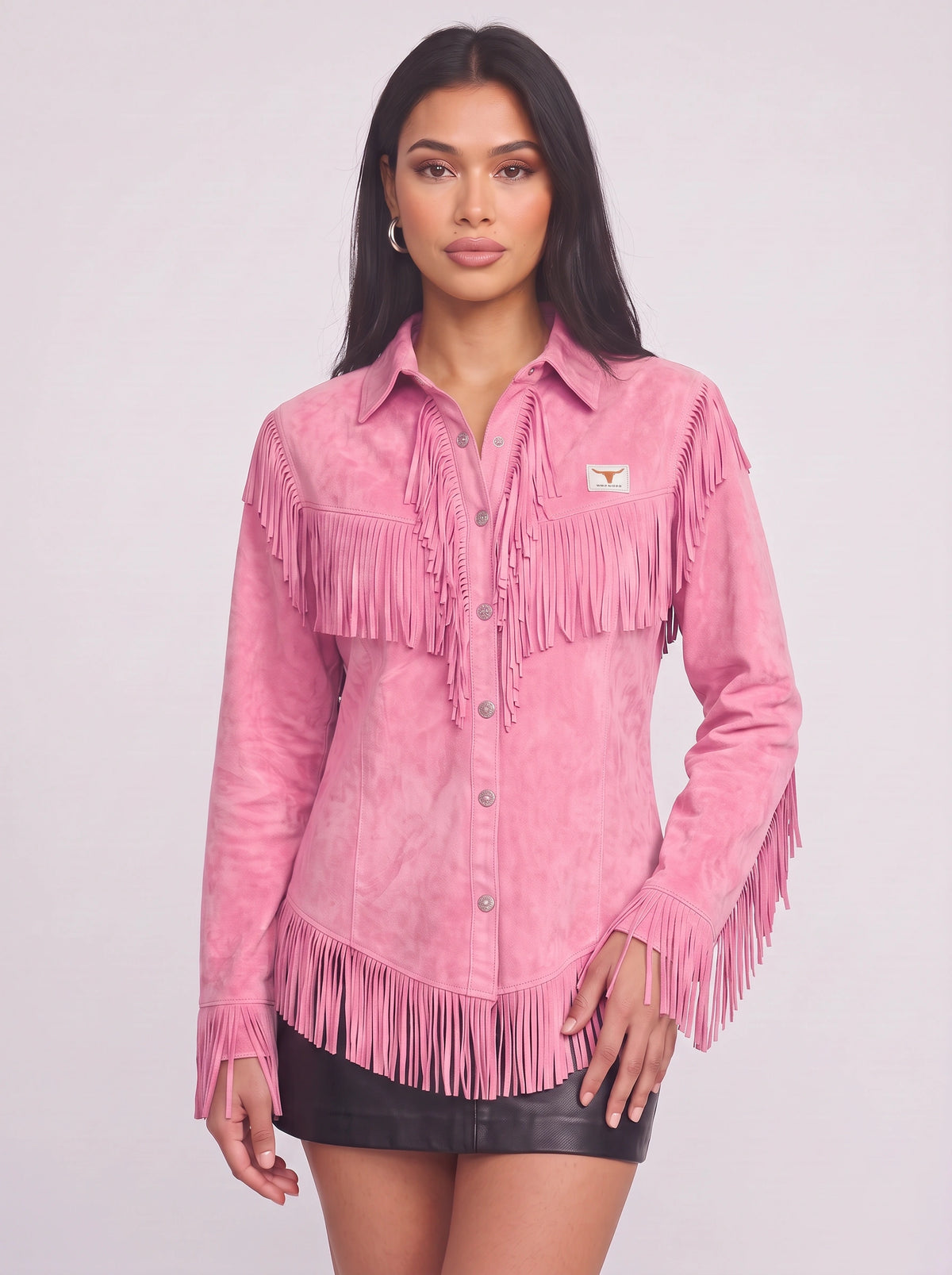 Frinelle Suede Fringe Western Shirt – Women Festival Country Boho Button-Up Long-Sleeve Fall Shirt