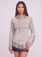 Frinelle Suede Fringe Western Shirt – Women Festival Country Boho Button-Up Long-Sleeve Fall Shirt