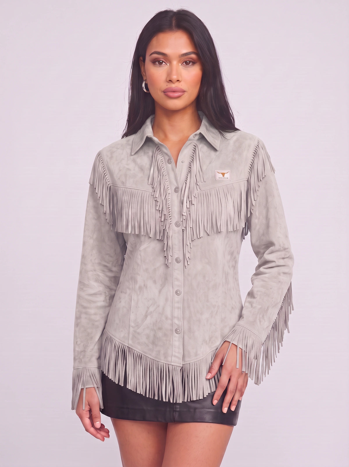Frinelle Suede Fringe Western Shirt – Women Festival Country Boho Button-Up Long-Sleeve Fall Shirt