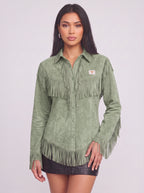Frinelle Suede Fringe Western Shirt – Women Festival Country Boho Button-Up Long-Sleeve Fall Shirt