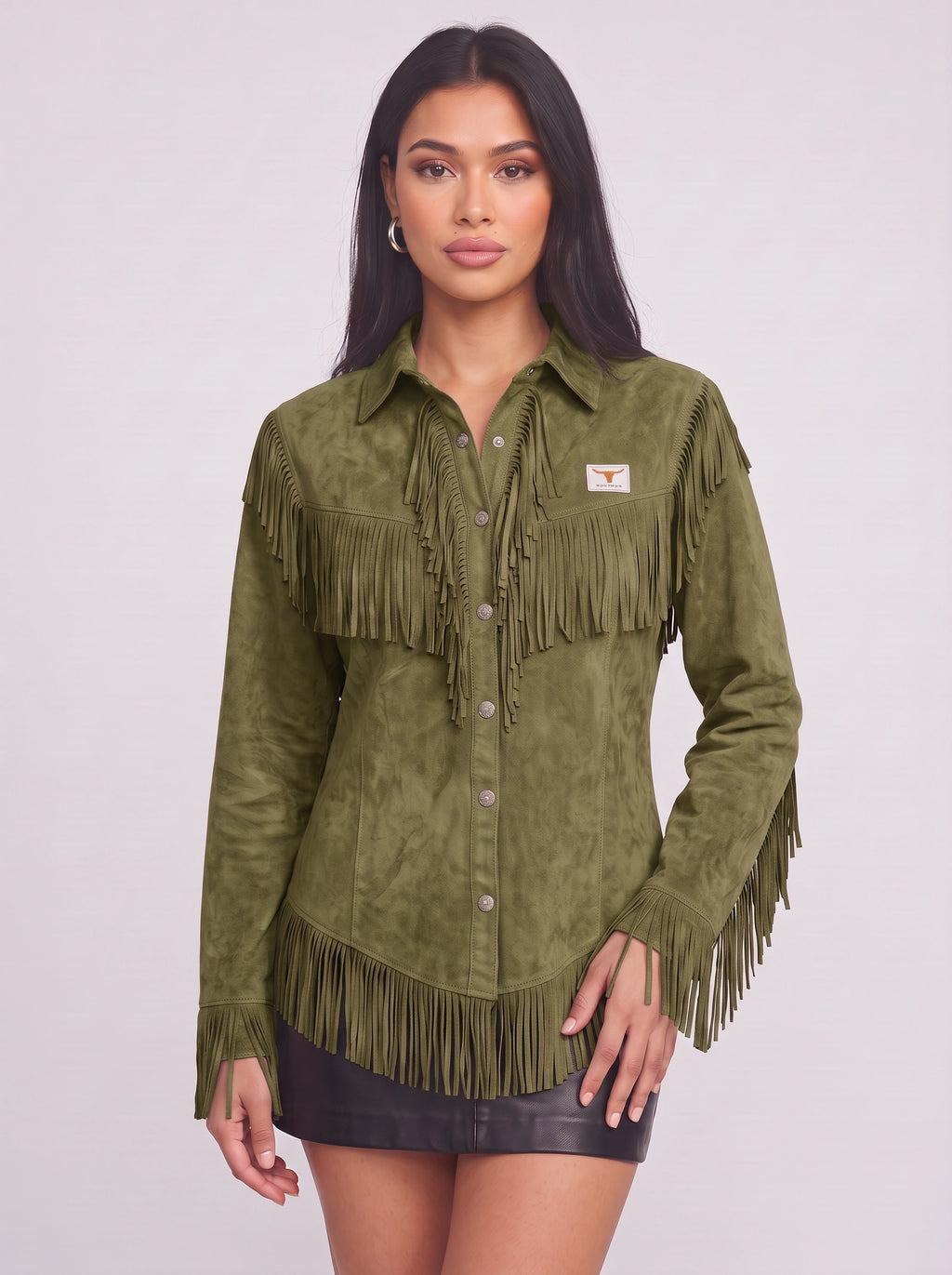 Frinelle Suede Fringe Western Shirt – Women Festival Country Boho Button-Up Long-Sleeve Fall Shirt