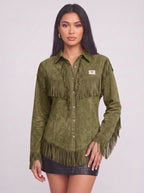 Frinelle Suede Fringe Western Shirt – Women Festival Country Boho Button-Up Long-Sleeve Fall Shirt
