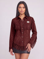 Frinelle Suede Fringe Western Shirt – Women Festival Country Boho Button-Up Long-Sleeve Fall Shirt