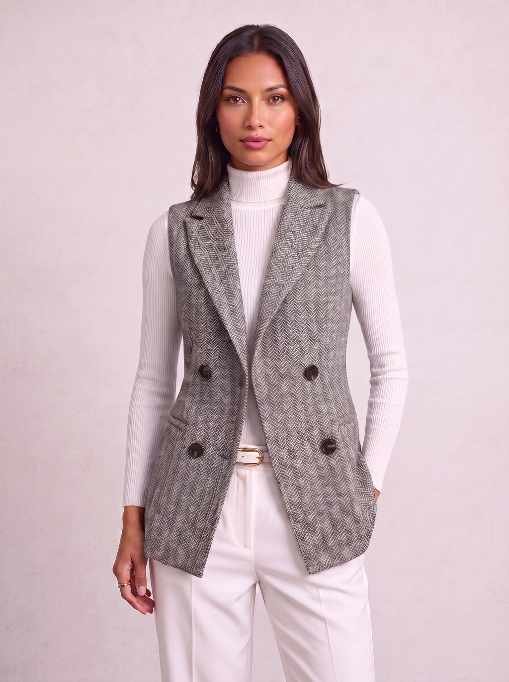 Chevonne Herringbone Double-Breasted Waistcoat – Longline Sleeveless Blazer Women Tailored Office Smart Casual Waistcoat