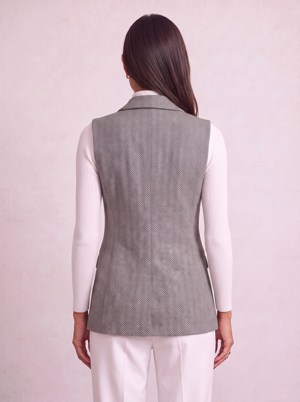 Chevonne Herringbone Double-Breasted Waistcoat – Longline Sleeveless Blazer Women Tailored Office Smart Casual Waistcoat