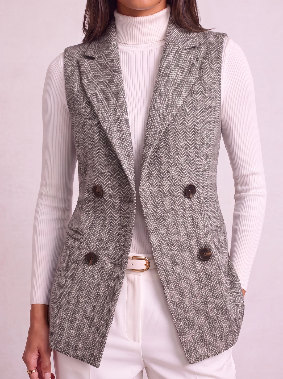 Chevonne Herringbone Double-Breasted Waistcoat – Longline Sleeveless Blazer Women Tailored Office Smart Casual Waistcoat