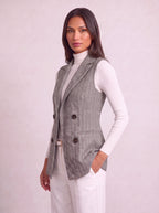 Chevonne Herringbone Double-Breasted Waistcoat – Longline Sleeveless Blazer Women Tailored Office Smart Casual Waistcoat
