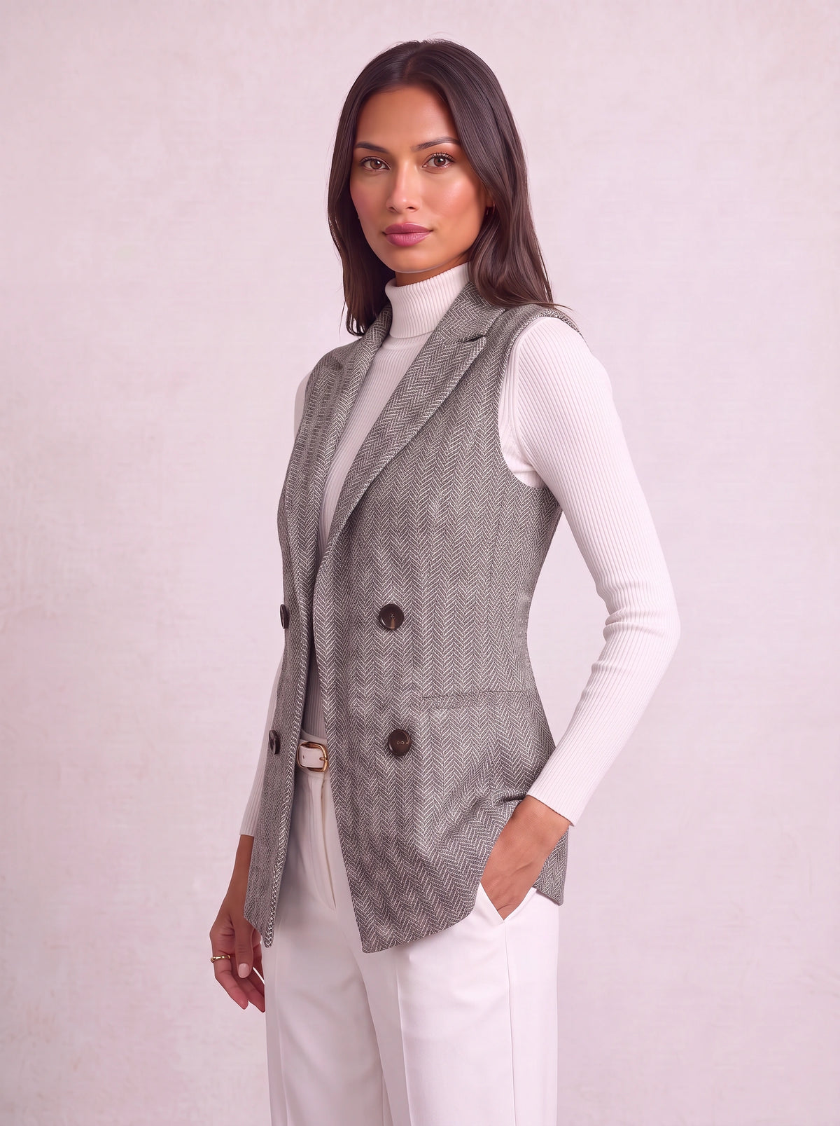 Chevonne Herringbone Double-Breasted Waistcoat – Longline Sleeveless Blazer Women Tailored Office Smart Casual Waistcoat