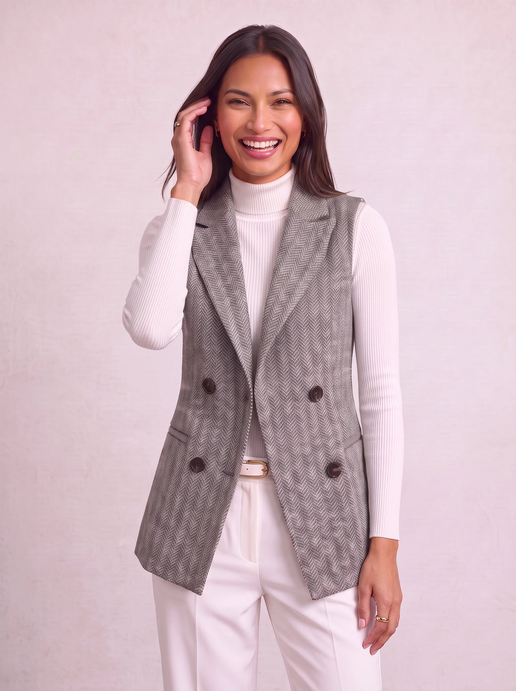 Chevonne Herringbone Double-Breasted Waistcoat – Longline Sleeveless Blazer Women Tailored Office Smart Casual Waistcoat