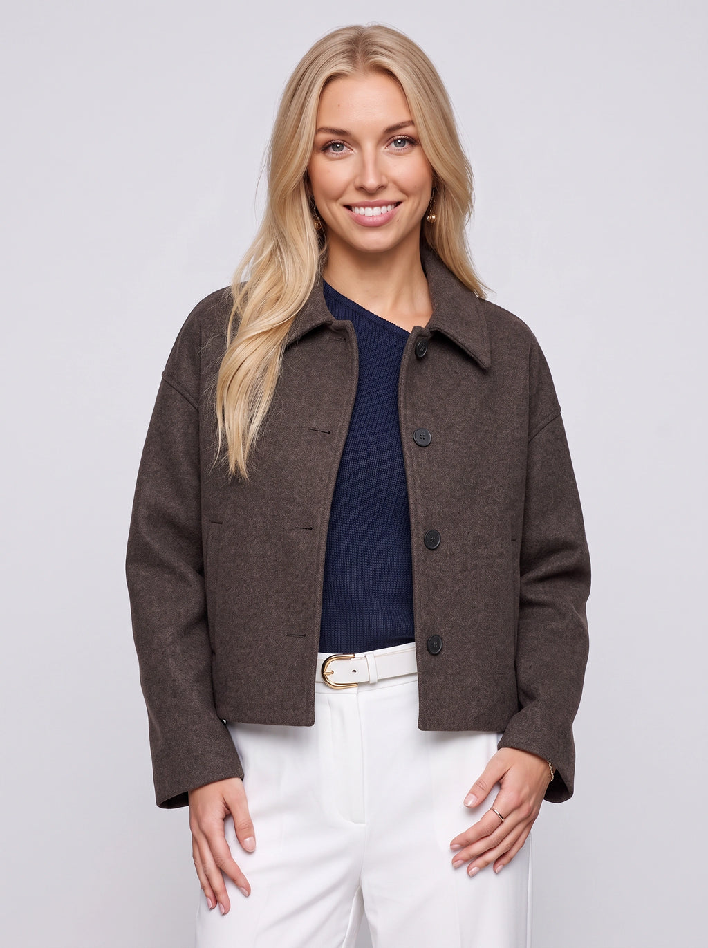 Cropelle Collared Crop Jacket – Women Wool Blend Button Front Workwear Casual Office Fall Jacket