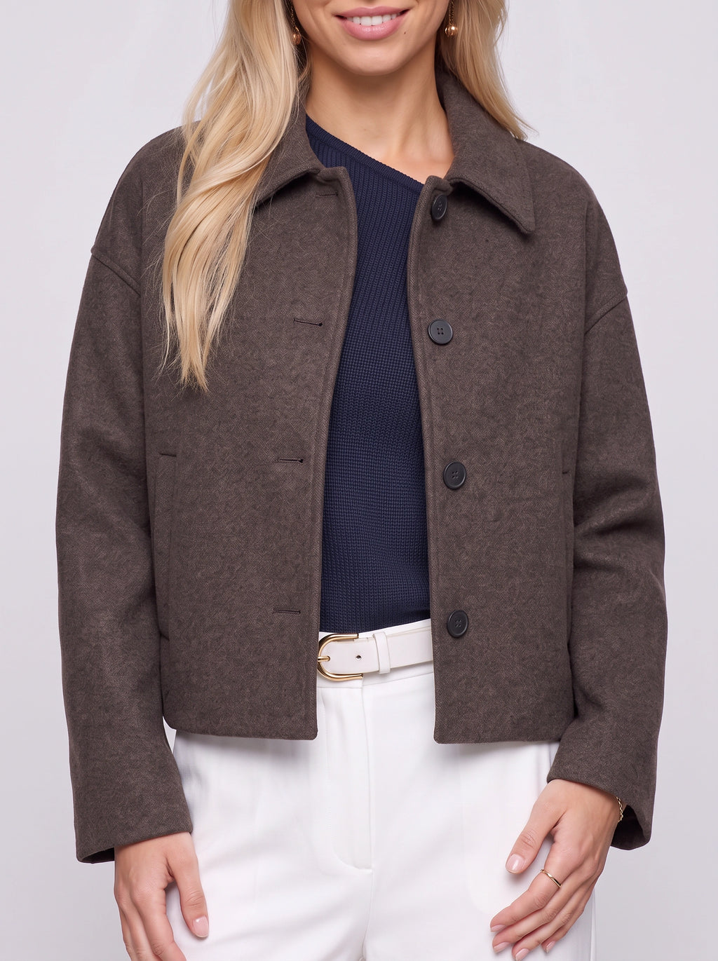 Cropelle Collared Crop Jacket – Women Wool Blend Button Front Workwear Casual Office Fall Jacket
