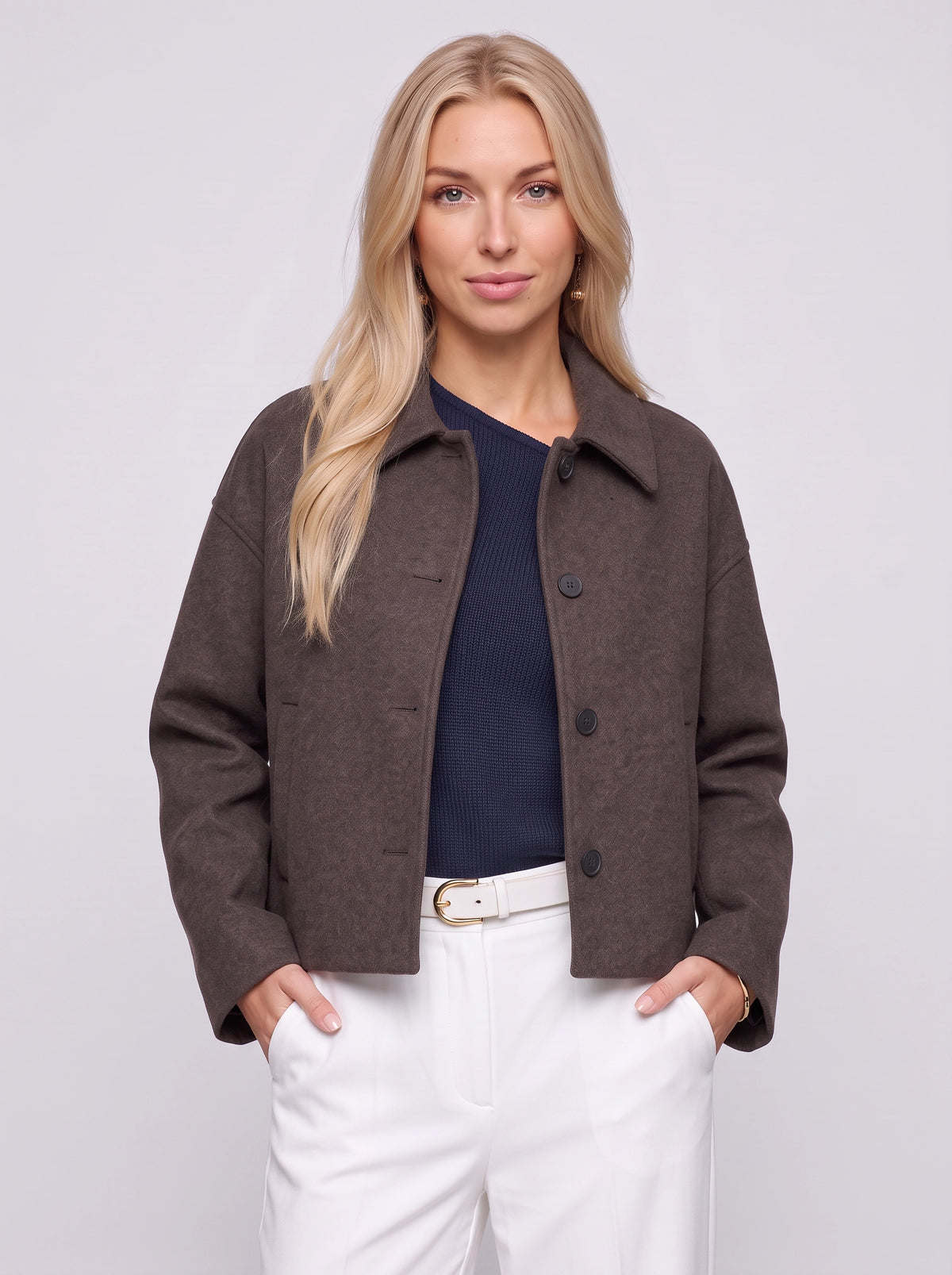 Cropelle Collared Crop Jacket – Women Wool Blend Button Front Workwear Casual Office Fall Jacket