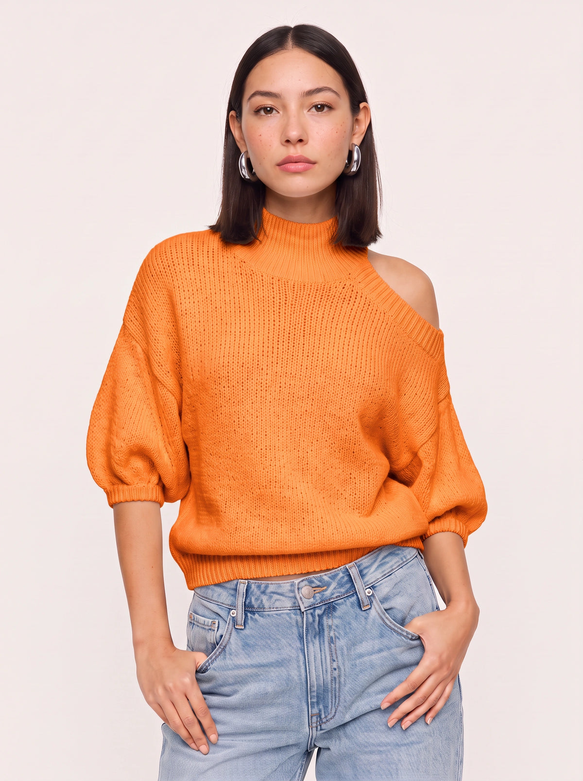 Cutholde Asymmetric Cold Shoulder Jumper – Chunky Knit Mock Neck Women Casual Autumn Winter Oversized Sweater